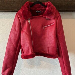 PrettyLittleThing Red Faux Leather Faux Fur Coat